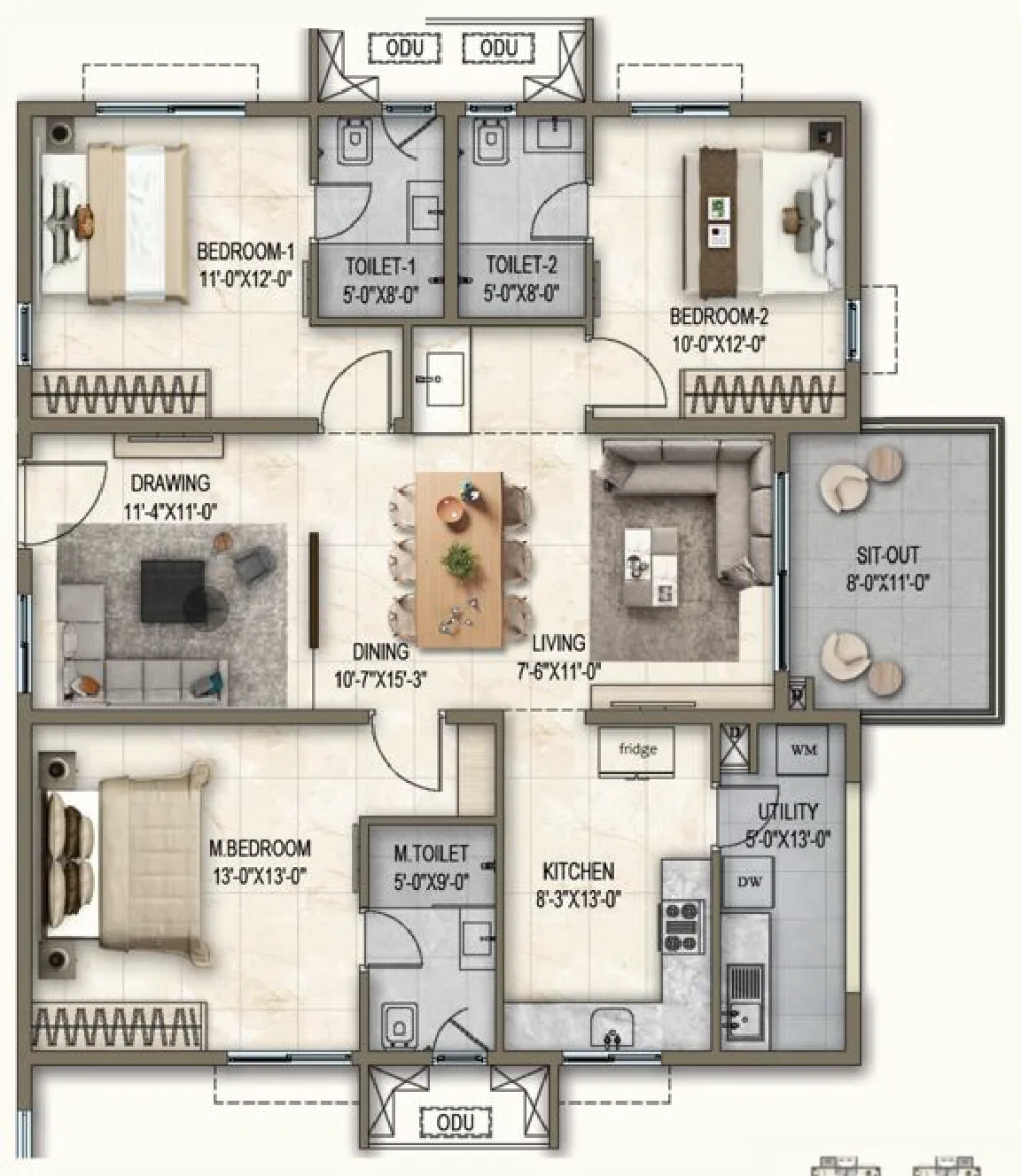 Blossom & Cascade, Unit 04 & 06: 1,780 sq ft, 3 BHK / 3T, West facing floor plan.